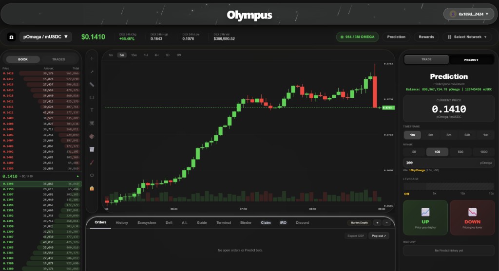 Olympus trading dashboard with live prediction market on pOmega / mUSDC