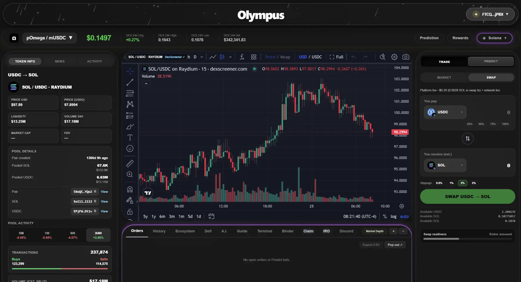 Olympus swap interface with SOL/USDC Dexscreener chart and analytics