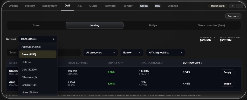 Olympus DeFi lending dashboard with network picker, market size, and supply APY across assets