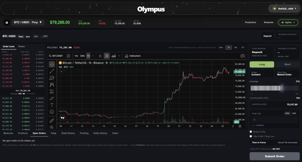 Olympus perpetuals trading interface for BTC/USDC with order book, chart, and leverage controls